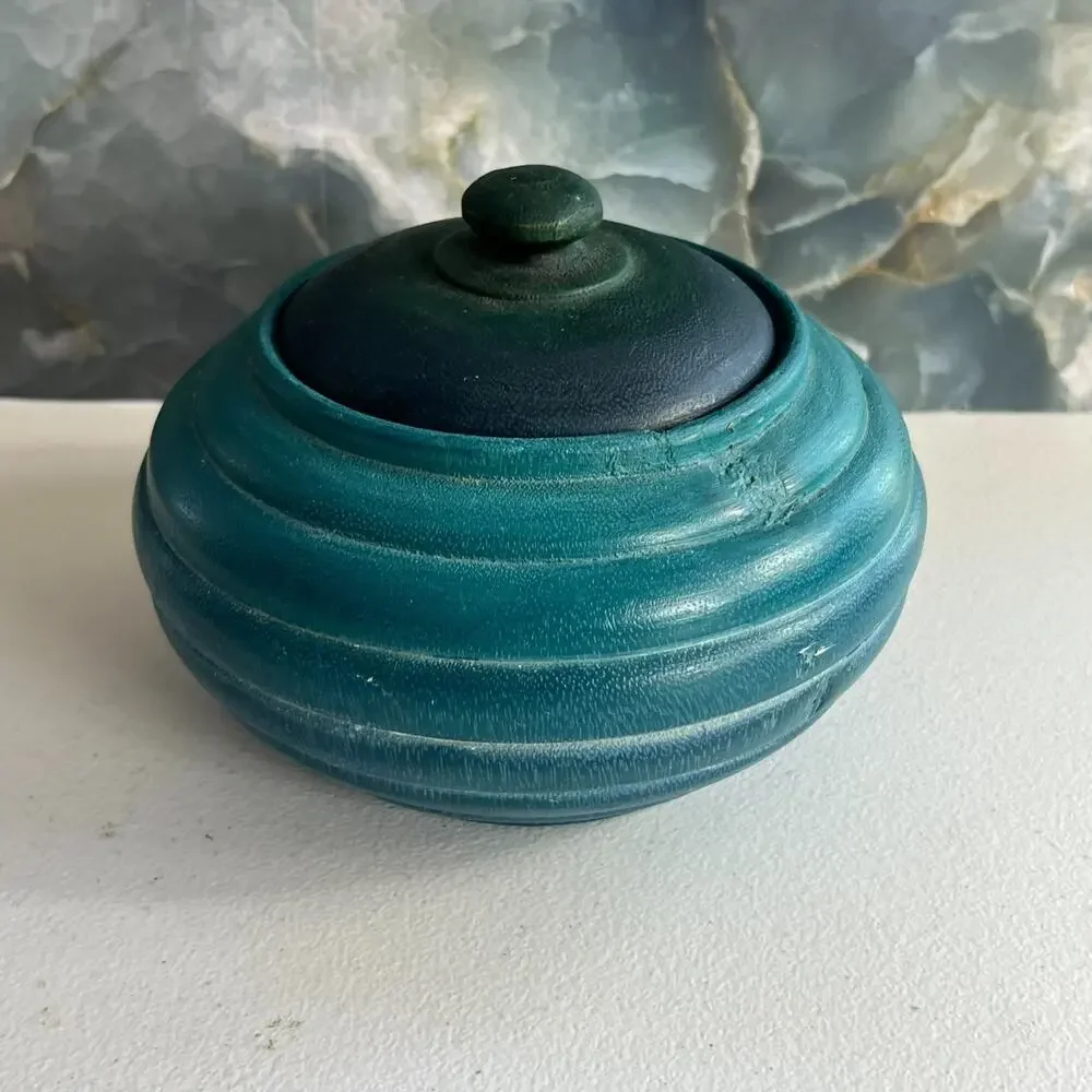 Vintage Lathe Turned Wooden Trinket Box with Lid Ombre Blue Teal